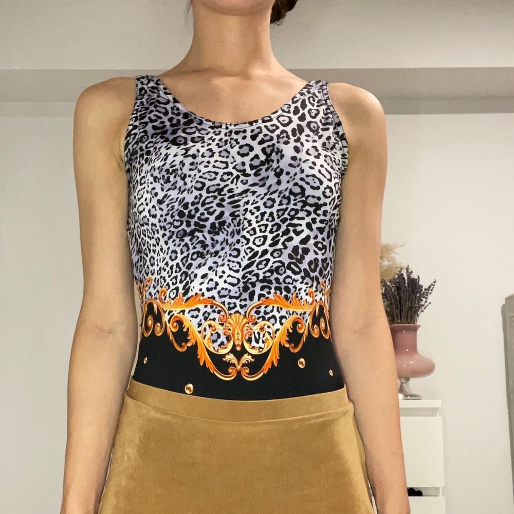 Leopard print and gold ballet leotard